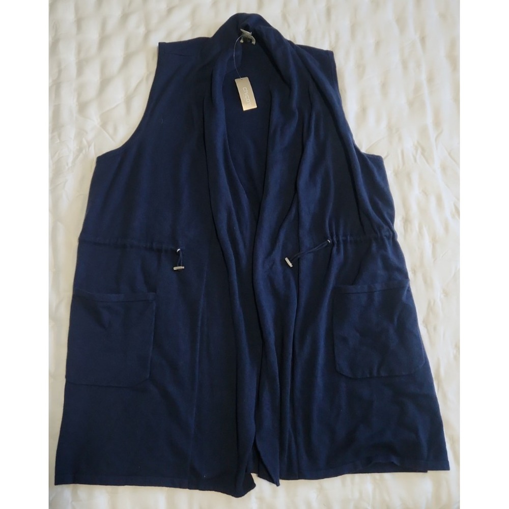 NWT Chico's Zenergy Navy Cotton Cashmere Knit Vest Pockets Size 2 Large 12/14